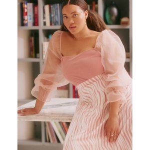 ELOQUII Organza Sheer Sleeve Top Size 18-20 Rose Pink Stretch Fine Ribbed Knit